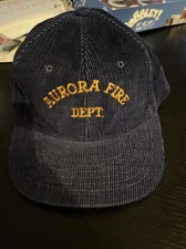 VINTAGE Trucker Hat Cap Snap Back Blue Yupoong Corduroy Aurora Fire Dept.