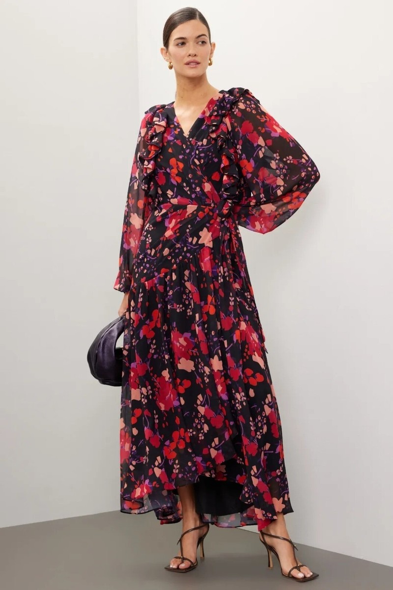 slate and willow ruched floral dress Purple Floral Midi Wrap Dress