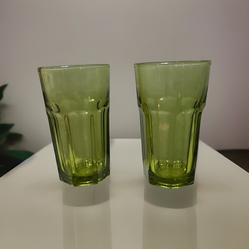 Vintage Libbey Gibraltar Olive Avocado Green Glass Tumblers • Set Of 2 • 4.5 In