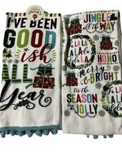 Christmas Kitchen Decor Towel Set 2 pc “I've Been Goodish All Year”  Pom Pom