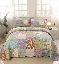 Pastel Floral Patchwork Quilt Set 100 Cotton 3pc Embroidered Queen Bedspread