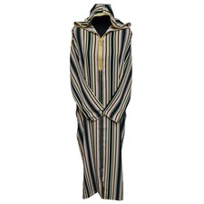Women's Moroccan Green Multi Stripes Long Sleeve Hooded Cotton Blend Kaftan D