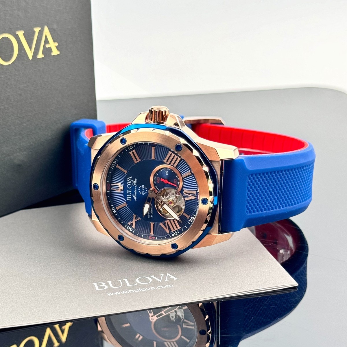 Bulova Marine Star 98A227 Blue Dial Silicone Strap Automatic Men's