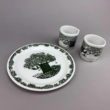 Vintage Figgjo Norway V555 Cat Tree Plate 2 Mugs Green Vitroporselen Set