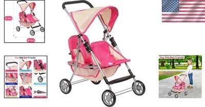 Durable Pink & Off-White Doll Stroller for Twins - Easy Folding & Swivel  Wheels | eBay