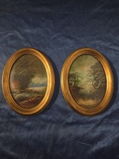Coppia Quadretti Antichi Ovali Paesaggio Dipinti a Olio Cornici Legno Dorato 