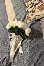 Artificial White Rose Wedding Bouquet Bunch Fabric Plastic Flowers