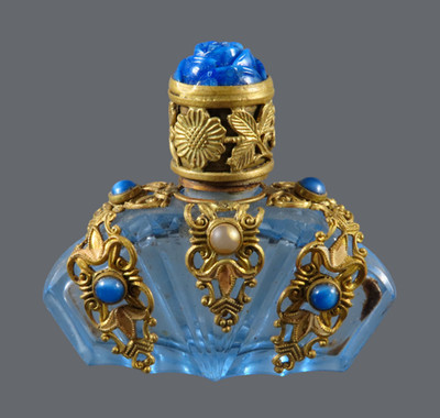 ANTIQUE Art Deco Czech MINI PERFUME BOTTLE Gold Filigree ROSE STOPPER Dauber VTG