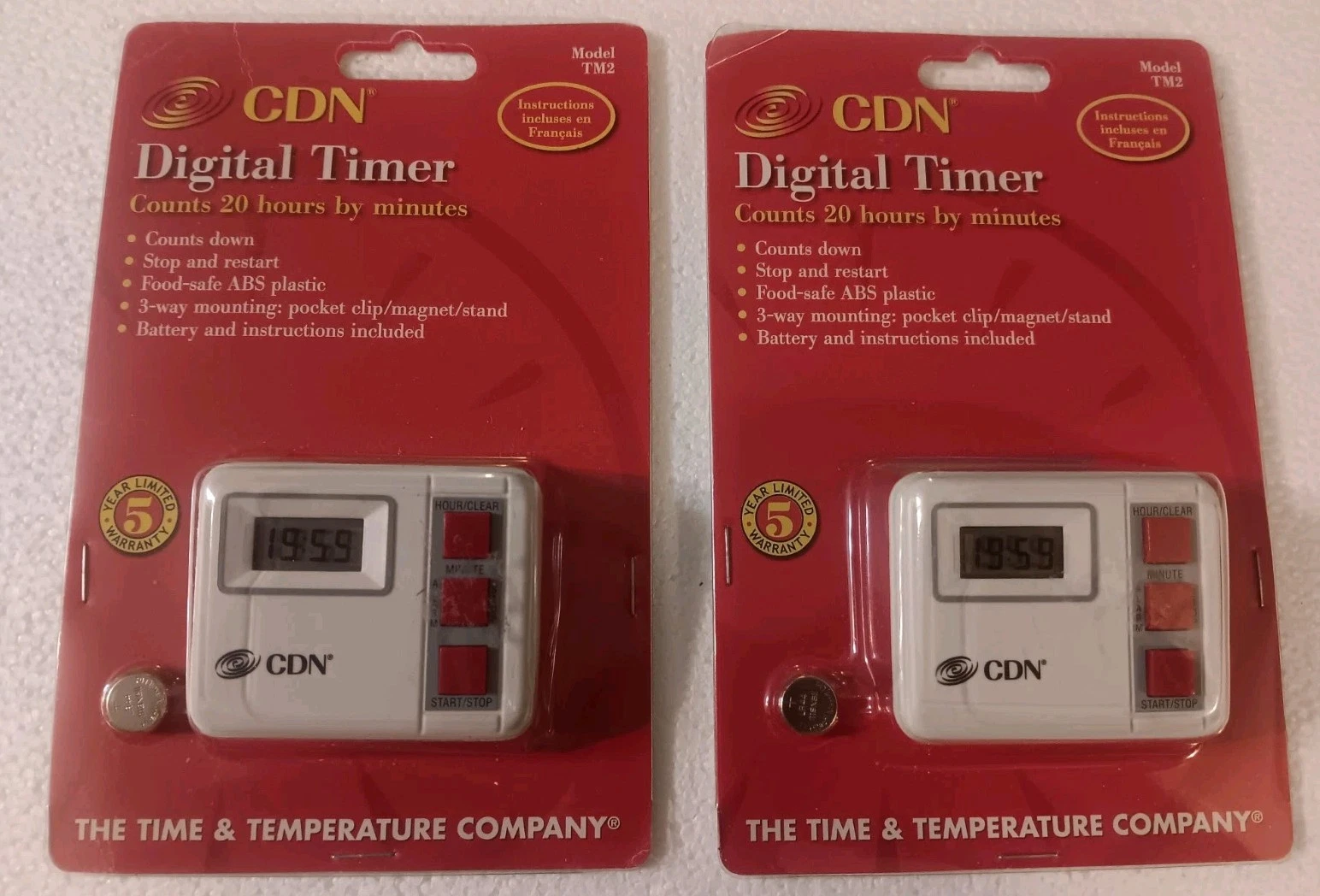 2) CDN Digital Kitchen Timer TM2 Food Safe 20 HOURS 3 Way Mounting White NEW NIP