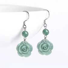Green Myanmar Jade Rose Flower Earrings Burmese Jadeite Gemstone Talisman Gift