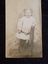 ANTIQUE PHOTO POST CARD 3.25  x 5.25  Girl Standing in Chair w/ Dress and Boots