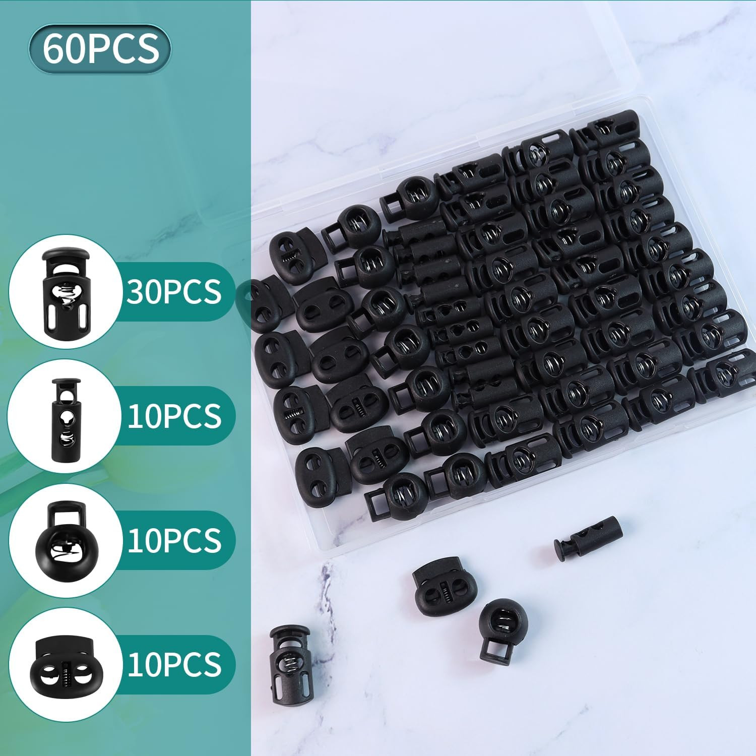 60 Pack 4 Sizes Plastic Cord Lock, Spring Toggle Stopper With, Draw String Clip,