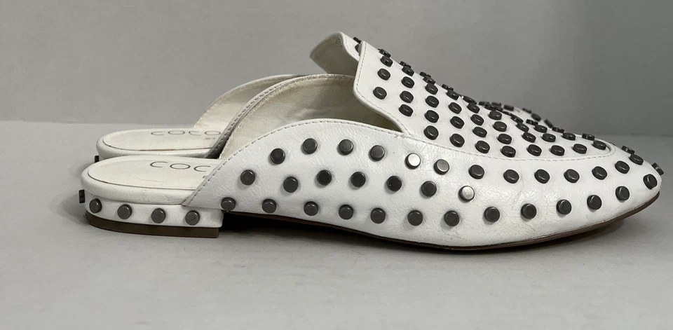 Coconuts By Matisse Shoes Size 9.5 Slides Silver Studded Slip On Flats White - Image 2 of 4