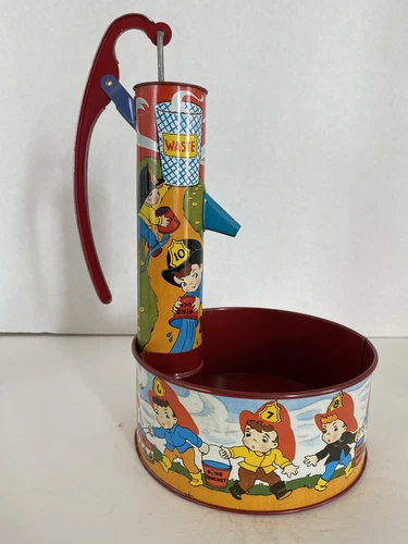 Vintage Ohio Art BHK Benjamin Tin Litho Toy Water Pump False Alarm Firemen