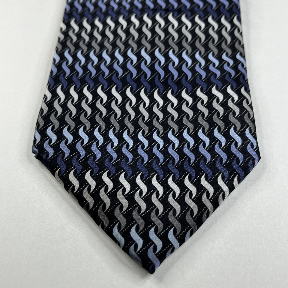 Gravata masculina Alexander Julian Colours 59”L x 4”W prata azul ondas geométricas - Imagem 2 de 4