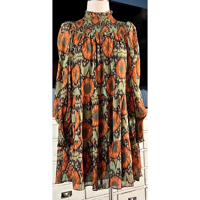 NWT New $495 Ulla Johnson Kamila Longsleeve Green Bohemian Mini Dress Size 2