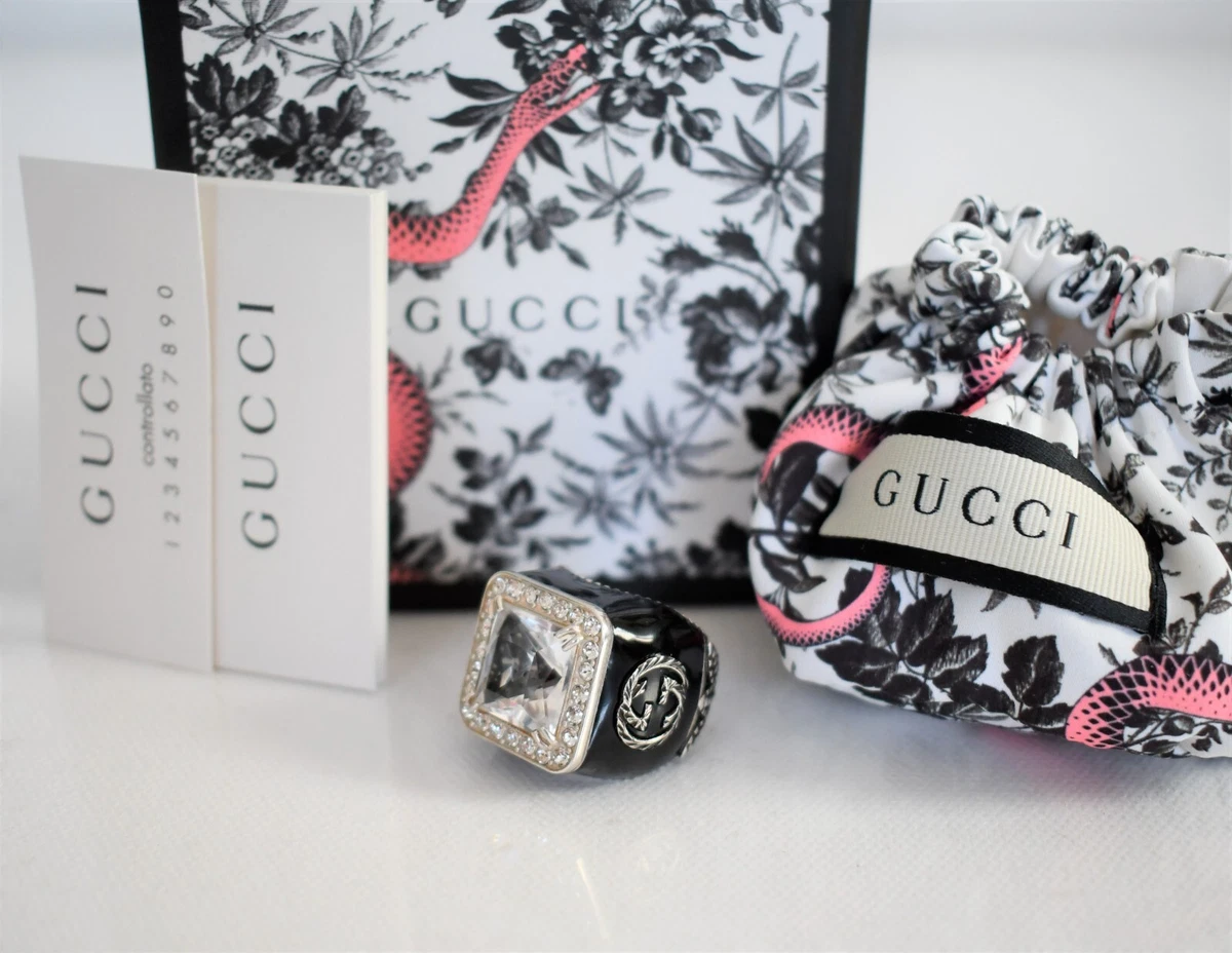 GUCCI GG CRYSTAL Embellished Sterling Silver SIGNET Ring IT