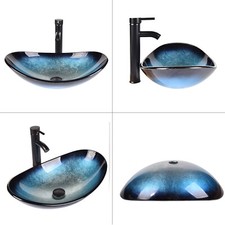 Bathroom Sink Basin Hand Wash Counter Top Oval Glass Bowl Pop up Tap Waste Set