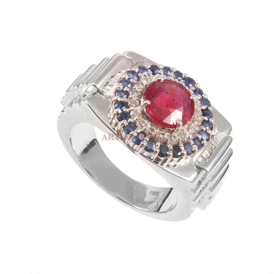 Heizbar Rubin & Heizbar Saphir Mit Weiß Vergoldet Silber Herren Ring #1465 - Bild 2 von 4