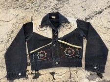 Vintage Rare Black Denim Western Jacket Kid Embroidery Fringe Size 10