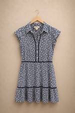 Monteau Women Blue/White Floral Knit Shirt Dress Button Front Collared