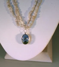 Silver tone white glass bead layered necklace, double sided tree of life pendant