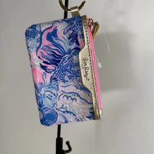 Lilly Pulitzer ID Card Holder Wallet Pouch Keychain Coin Purse Pink Blue Floral
