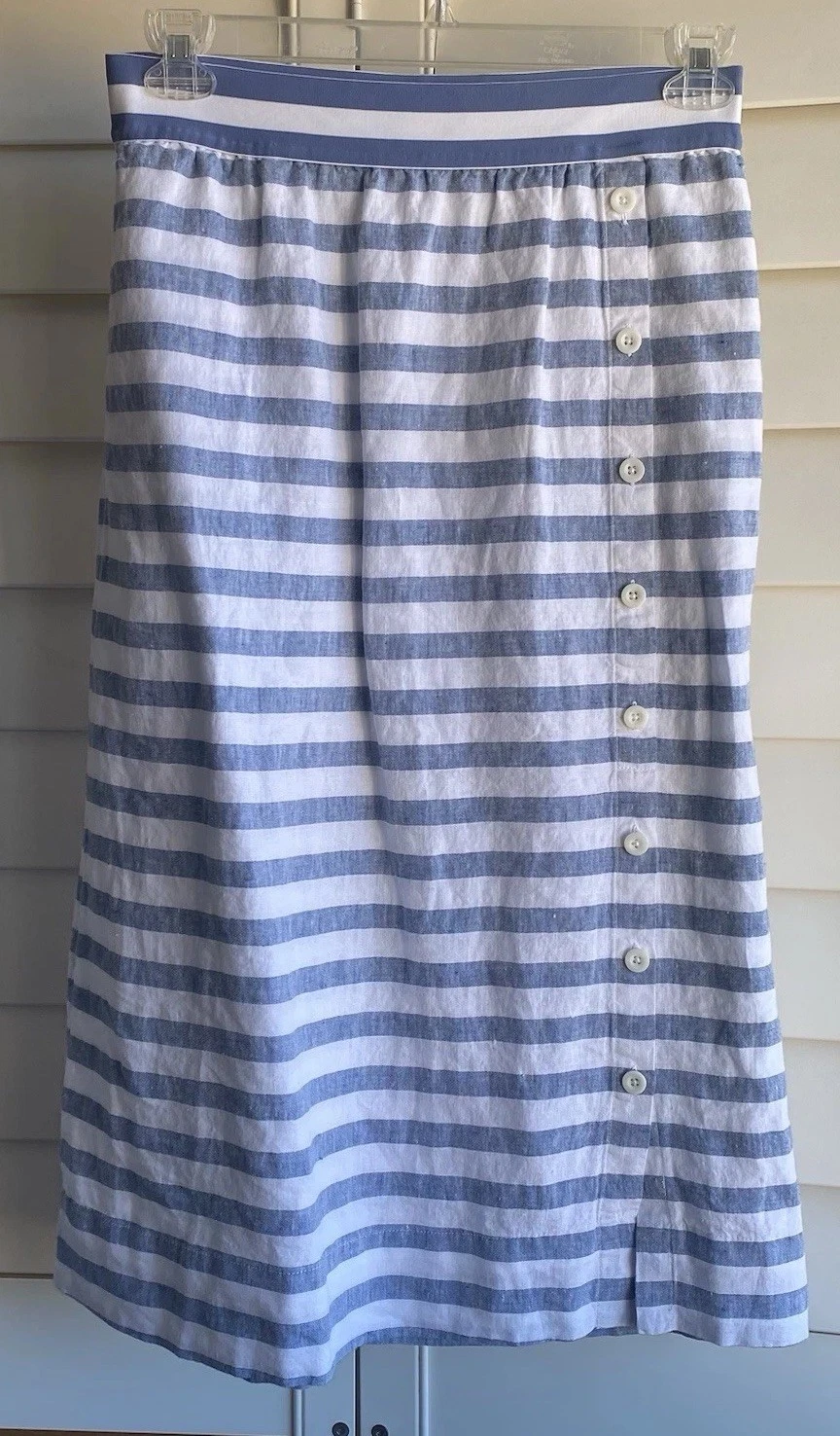 J. Jill Love 100% Linen Skirt S Petite Blue White Stripe Button Front Maxi