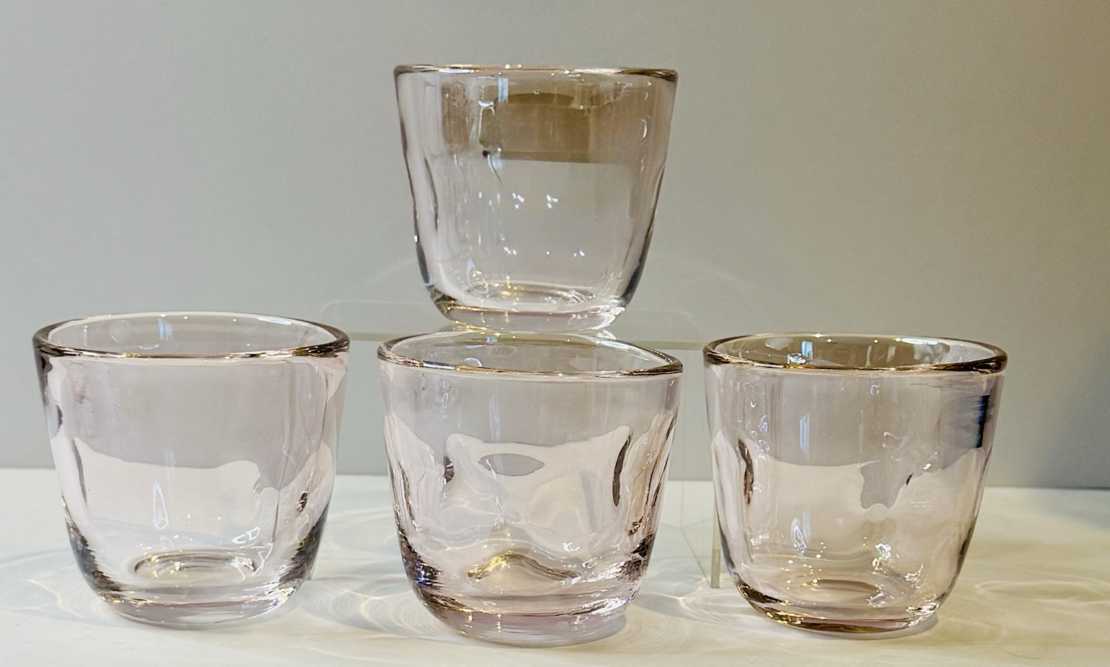 4 Hand-Blown Pink Iridescent Juice Glasses with AB Shimmer