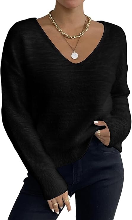 MakeMeChic Women's Fuzzy Sweater V Neck Long Sleeve Drop Shoulder Pullover Large