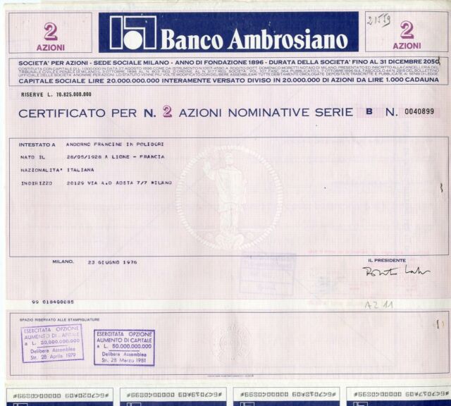 Certificato Azionario Azione Banca Banco Ambrosiano az 011