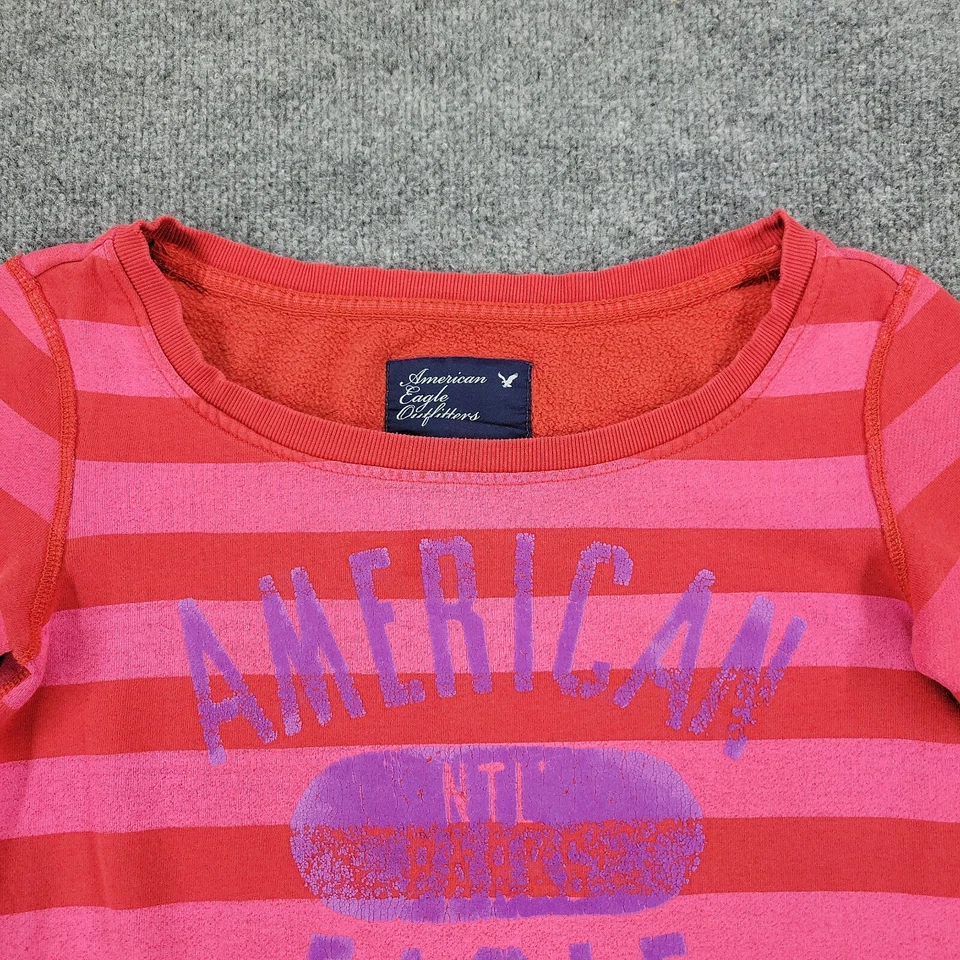Sudadera American Eagle Mujer XS Rojo Rosa Rayas Pullover Manga Larga Gráfico Foto 4 de 4