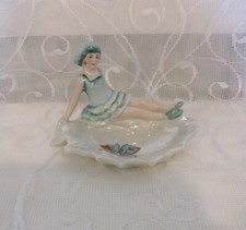 Vtg German Art Deco Lustre Bathing Beauty Sitting On Shell Pin Dish Hastings A/F
