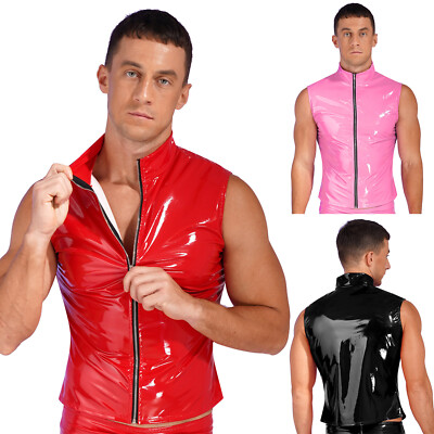 DE Herren Weste Party Tanktops Nachtclub Jacke Wet Look Partybekleidung Ärmellos