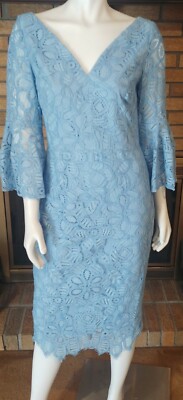 Lela Rose Sky Blue Lace Flutter Sleeve Cord Embroidered Midi Dress NWT  $1690 Sz8