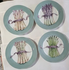 Williams Sonoma Asparagus Plates Blue Rim 8.25 Inch Set of 4 Made in Japan 