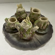 MINIATURE FLOWER TEA SET PURPLE YELLOW SAUCER TEAPOT 2 CUPS CREAMER SUGAR BOWL