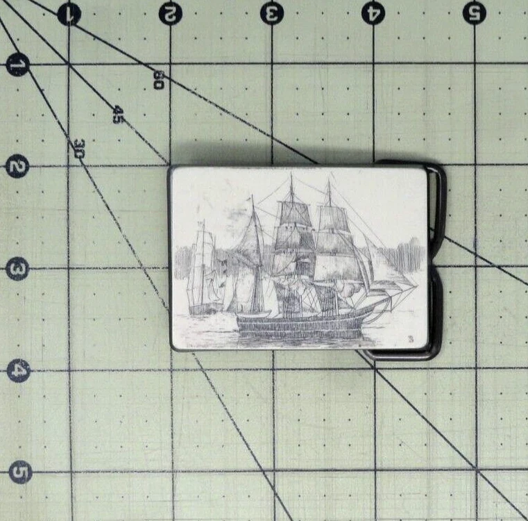 Veleros Vestido Cinturón Hebilla Mar Océano Imitación Scrimshaw De Colección Años 70 Eloxite .QRT784 Foto 3 de 4