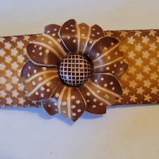 Wide Leather Bracelet Wristlet Flower Handcrafted Cuff Snap Boho