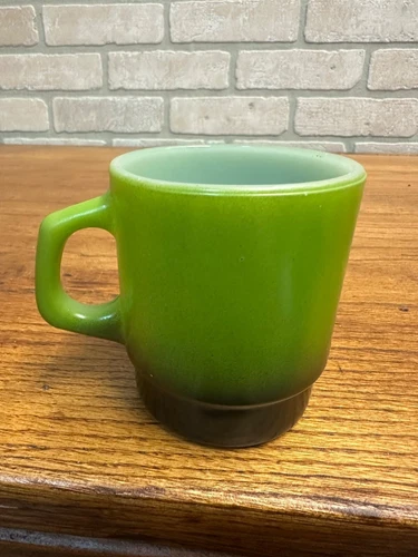 Vintage Fire King Anchor Hocking Gingham Olive Green / Black Stackable Mug (1)