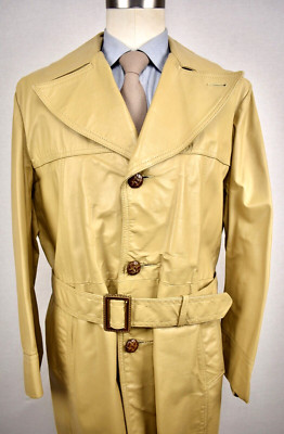 1970's Grais Solid Light Tan 100% Leather Three Button Belted Overcoat Size: 44