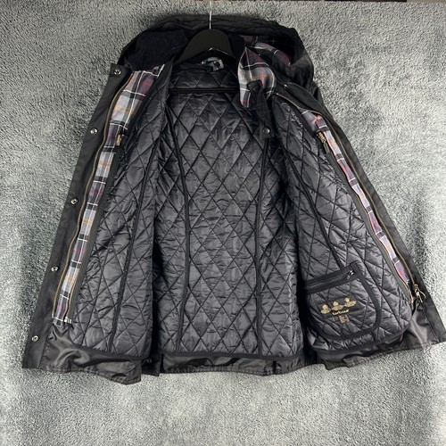 Barbour Beadnell Wax Jacket Womens Size 12 Black Tartan Hooded Full Zip Lining - Picture 3 of 23