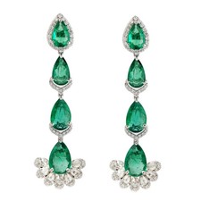 18K Gold Emerald Diamond Long Drop Earrings Evening Luxury For Women