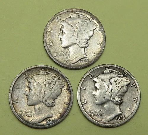 3 Mercury Dimes 1926 Good, 26-D Good, 26-S Very Good