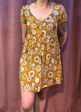 Women’s Orange Floral V-Neck Short Sleeve A-Line Mini Sundress Size S