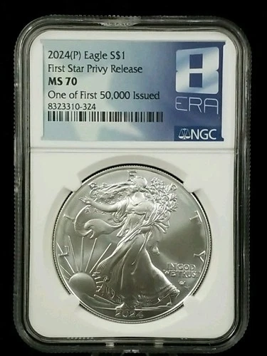 2024(P) American Silver Eagle $1 NGC MS 70 FIRST STAR PRIVY White Hazing #7297