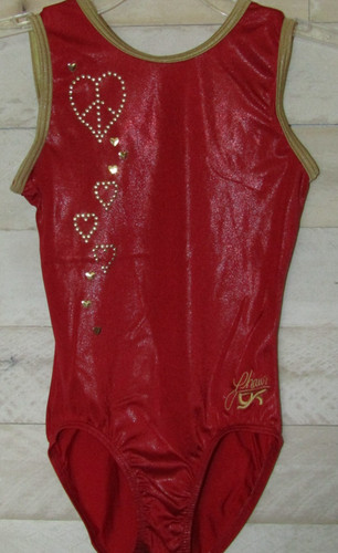 GK Leotard Red Shimmer Metallic Gold Heart Studs Gymnastics AS Adult S