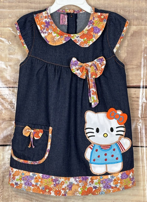 Clarissa Girl L Casual Dress Dark Blue Chambray Accent Floral Applique TiePocket