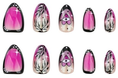 Press-On Nails Art Deco Nouveau Black Pink Medium Almond Shaped