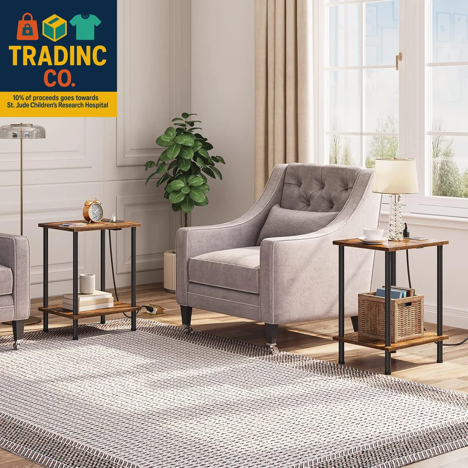 Side Table with Charging Station, Set of 2 End Tables with USB Port and Outlets, - Image 2 of 4